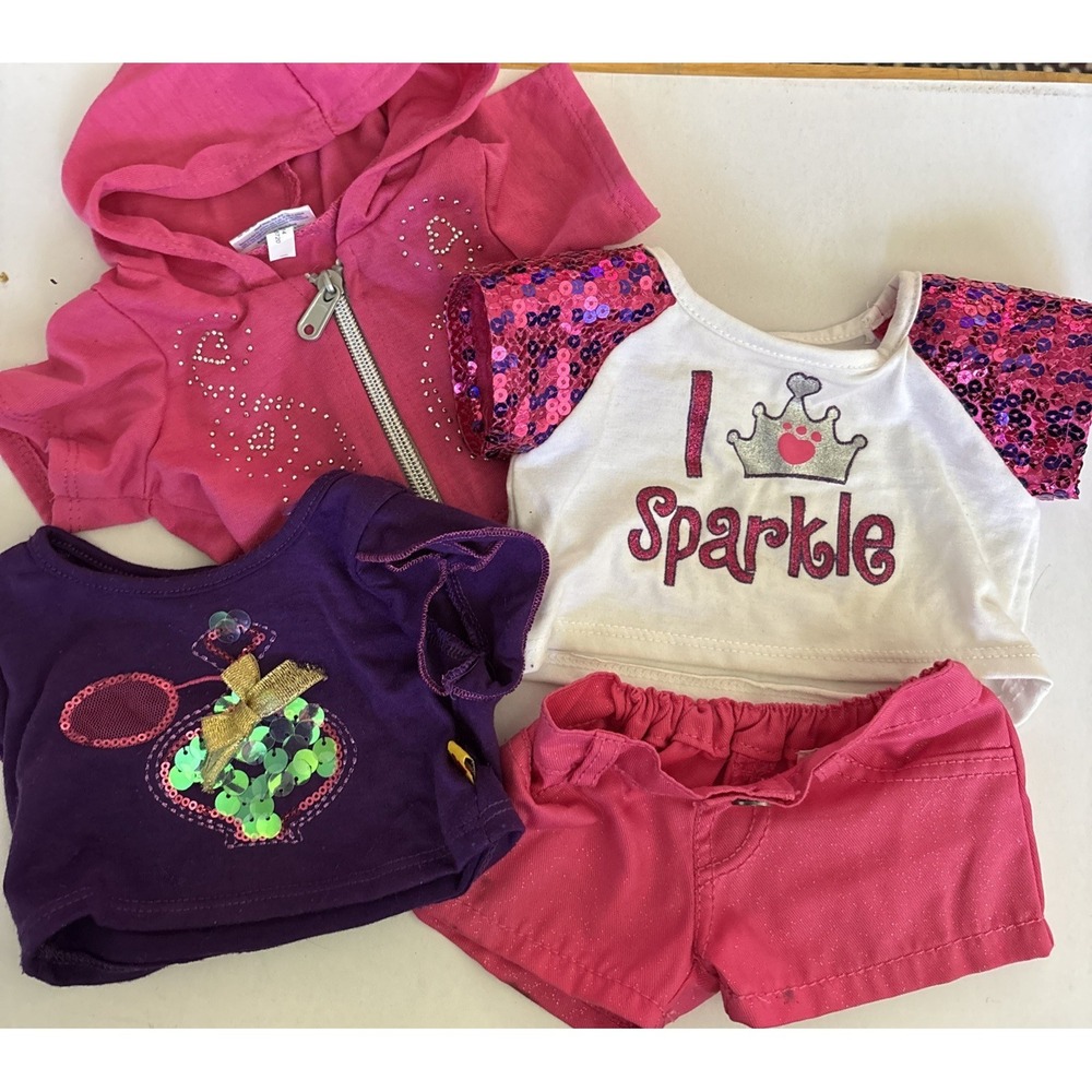Build a Bear Pink Zip Up Hoodie & Shorts Outfit‎ Set Teddy Clothing Sparkle Gem